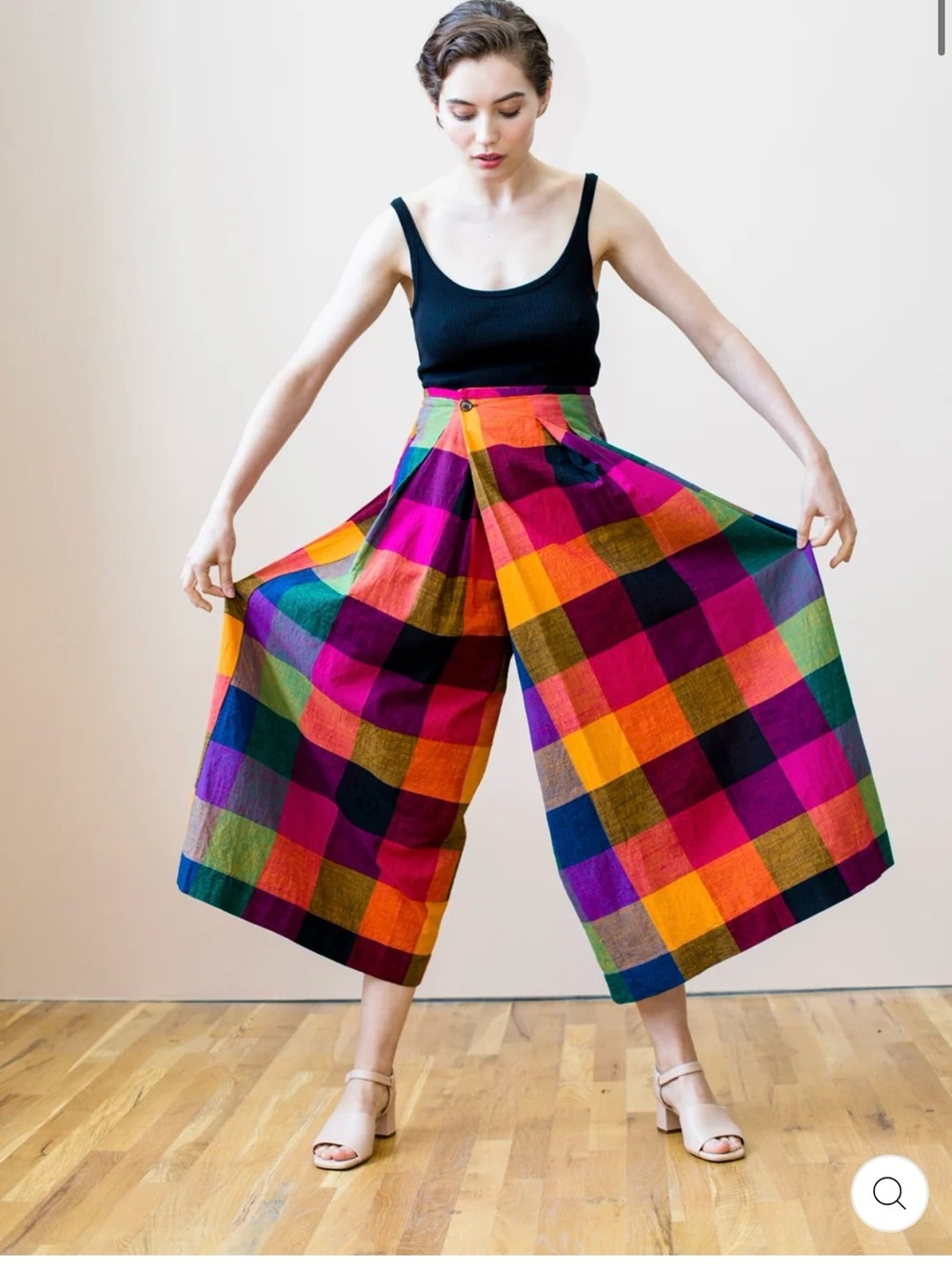 Wide-Leg Multicolor Plaid Culotte Pants